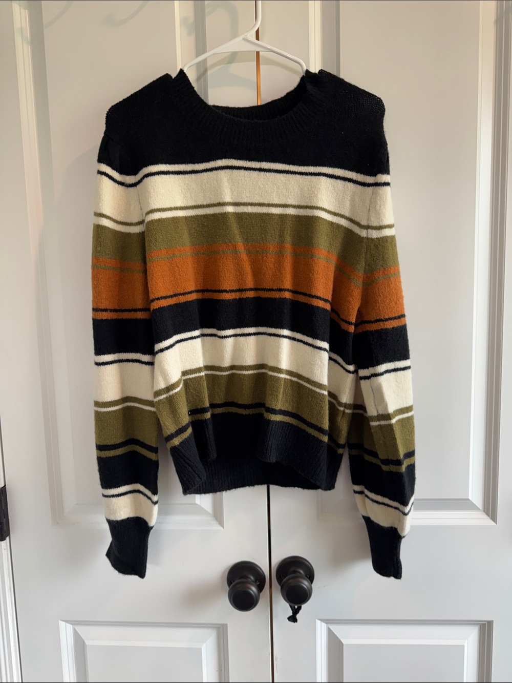 Women's Striped Crewneck Sweater in Black, Olive & Rust